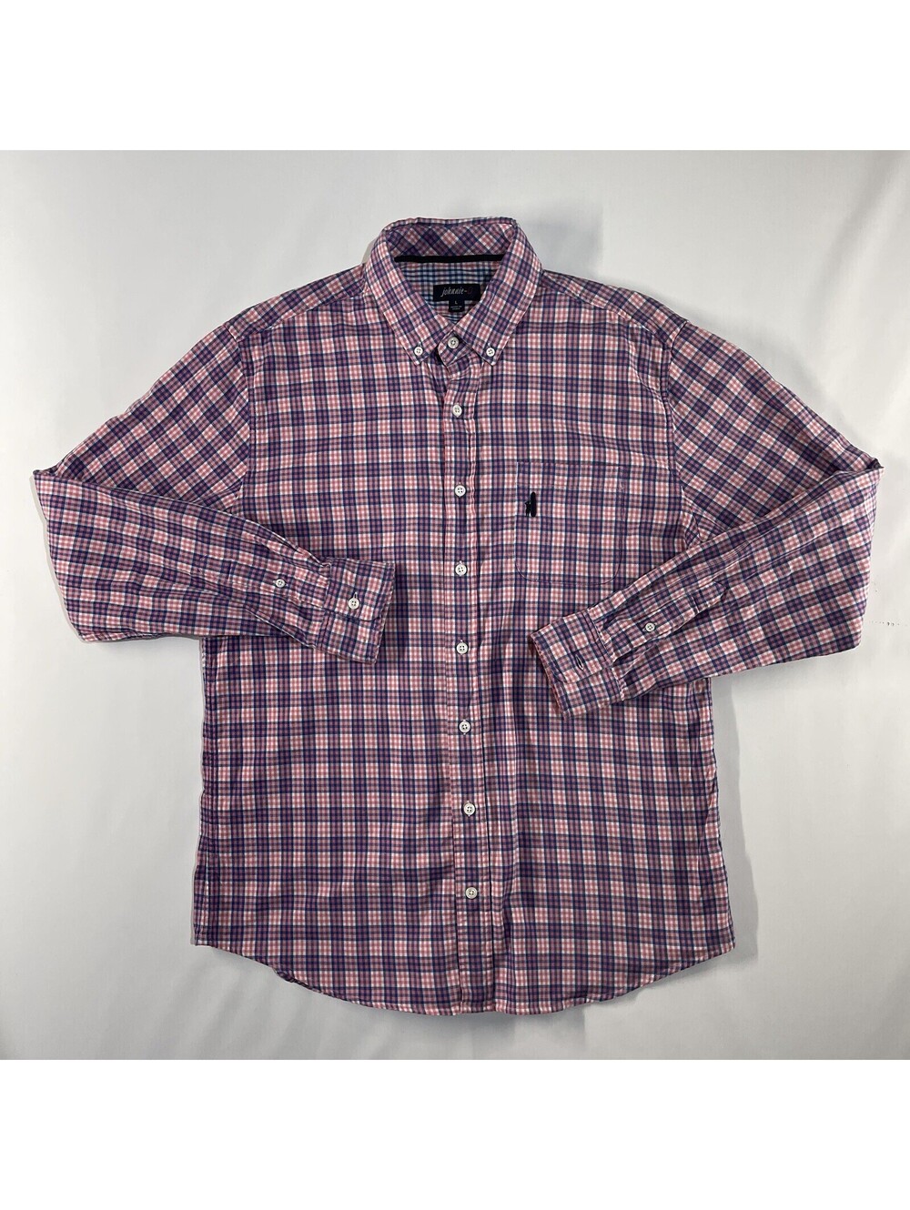 Johnnie O Shirt Mens Large Pink Blue Check Plaid Button Up Long Sleeve Preppy